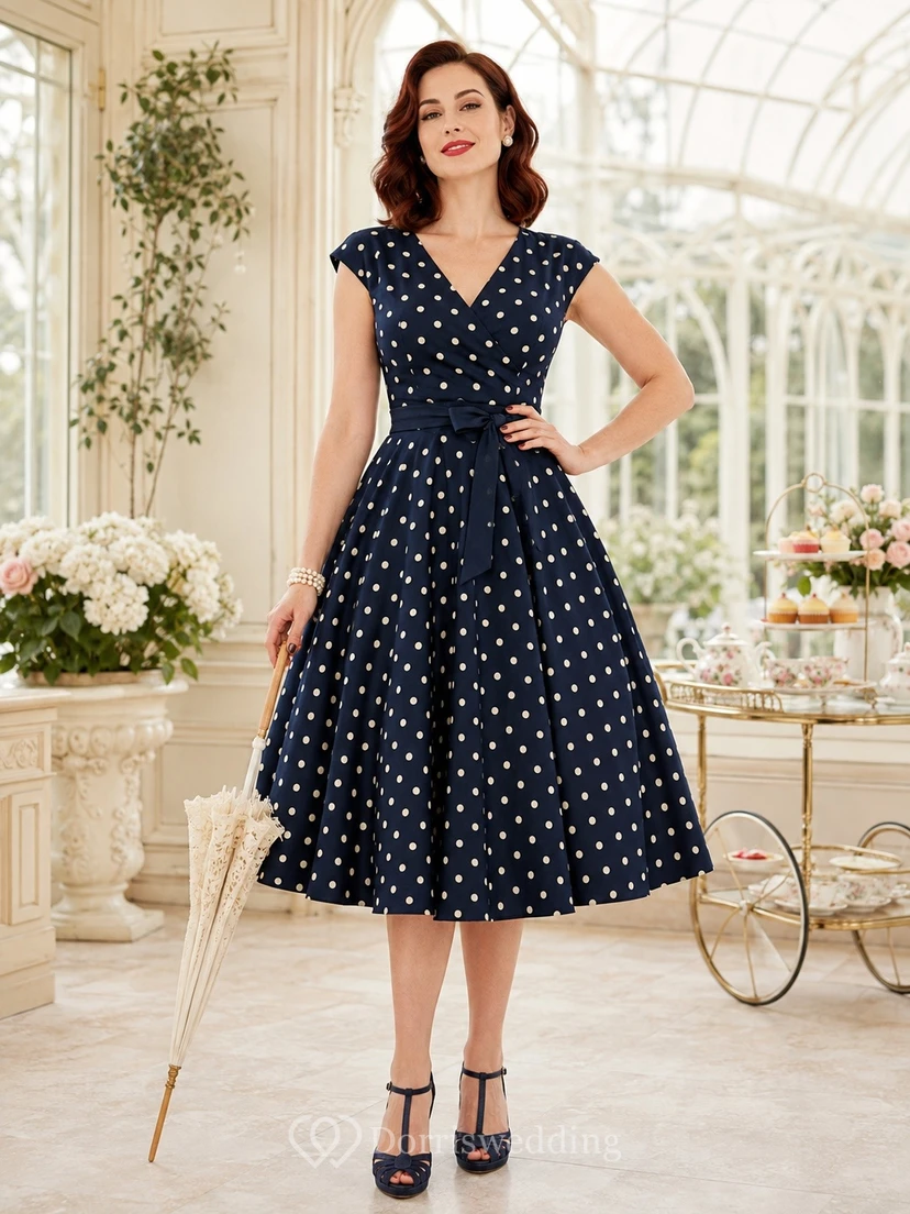 Robe vintage bleu marine à pois en mousseline, coupe trapèze, longueur thé, col en V, sans manches