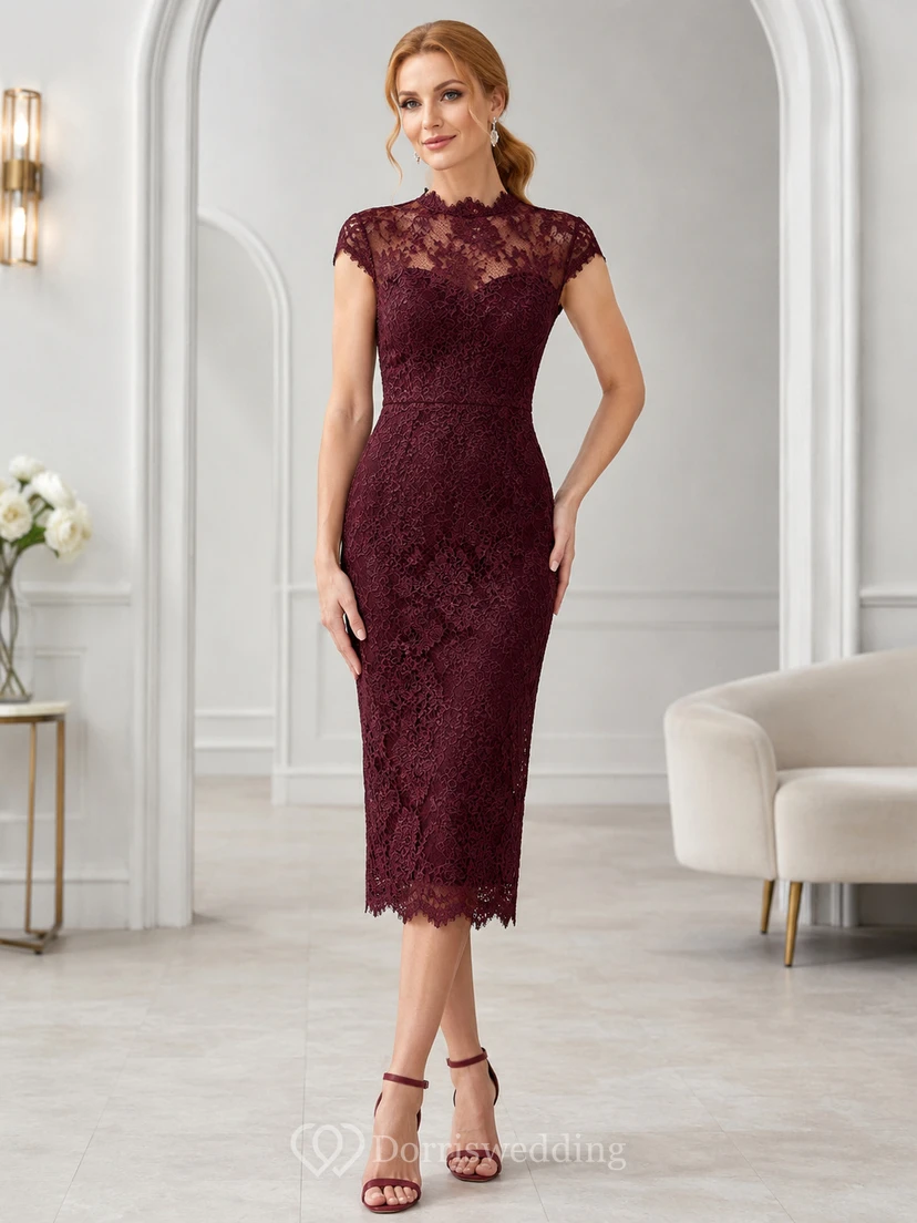 Burgundy High Neck Cap Sleeve Lace Sheath Tea Dress Reception