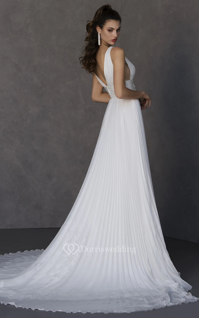 Sexy, bodenlanges, ärmelloses Chiffon-Brautkleid mit V-Ausschnitt und A-Linien-Schnitt sowie Raffungen view 2