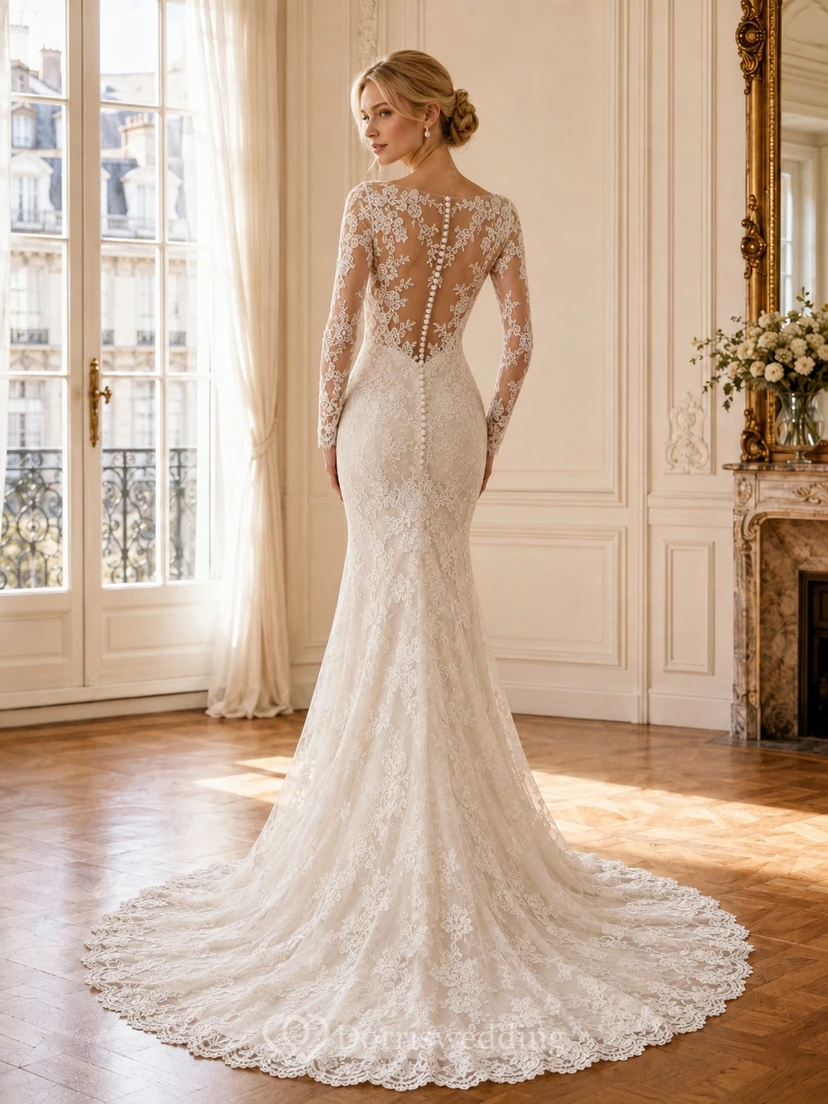 Elegantes, langärmeliges Meerjungfrauen-Brautkleid mit hohem Kragen, Spitze und Schleppe view 2