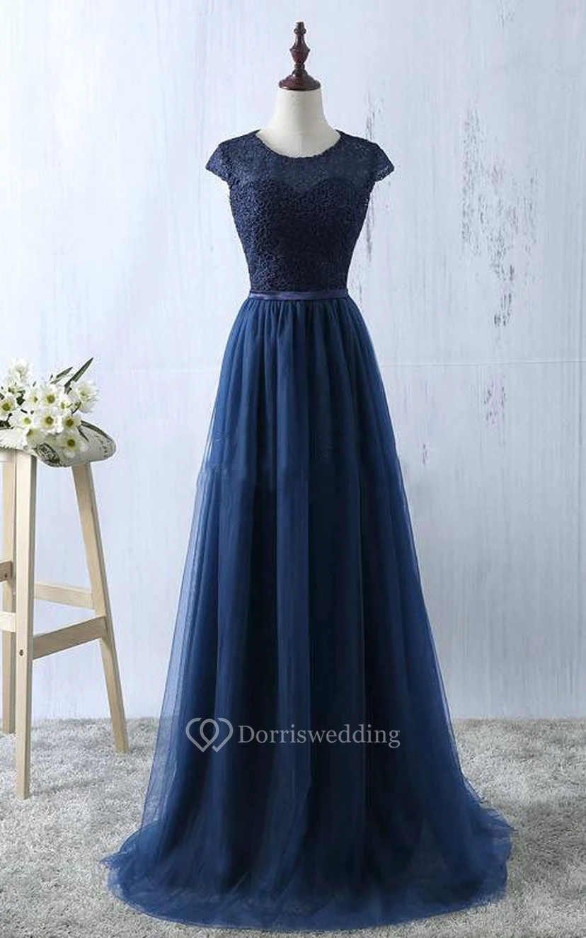Cap-sleeved Scoop Neck A-line Tulle Dress  view 3