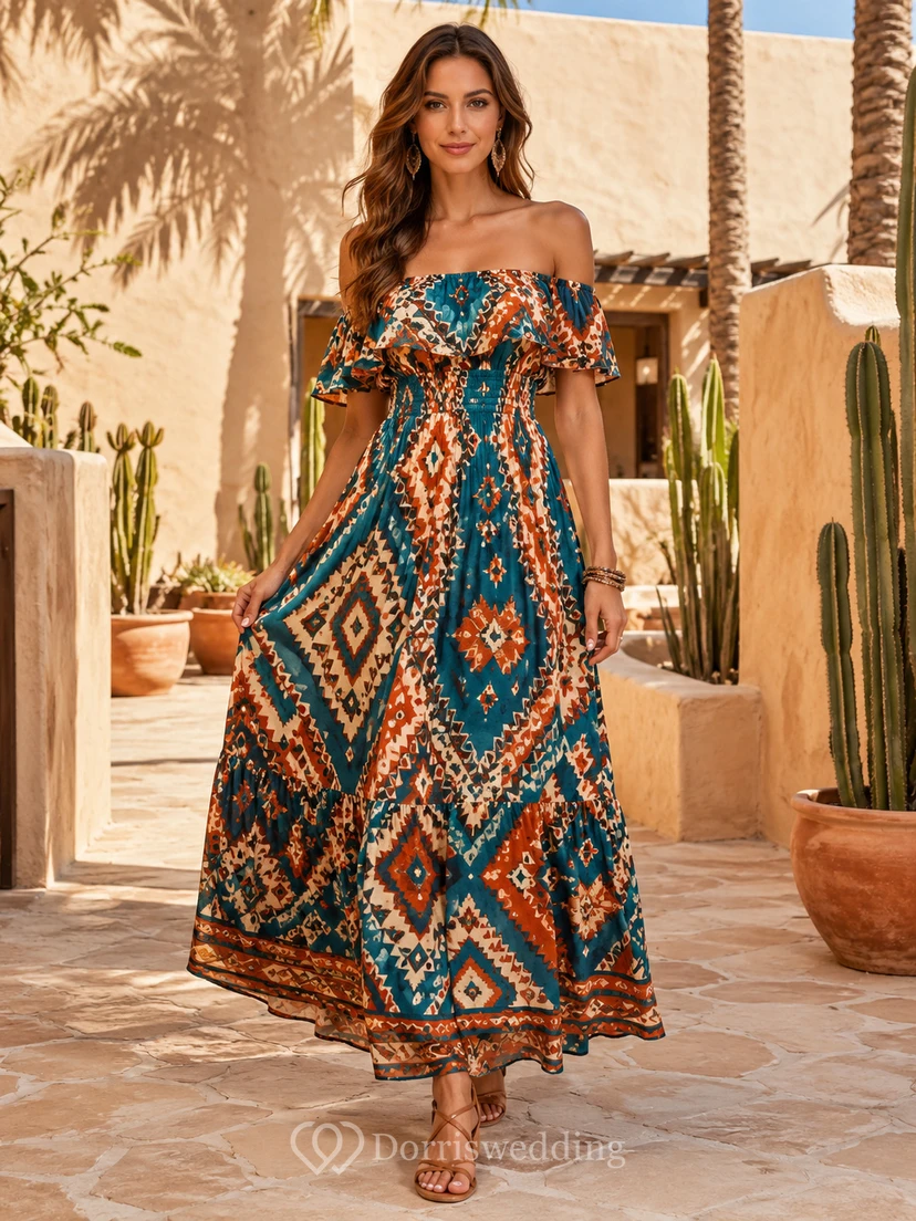 Vestido midi de corte A con volantes y hombros descubiertos de color verde azulado con estampado tribal