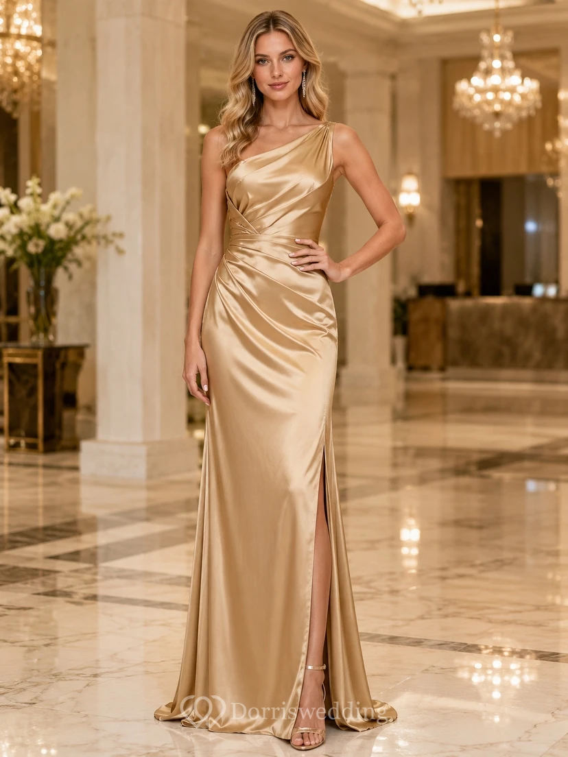 Champagne Satin One Shoulder Mermaid Sweep Train Luxury Formal Evening Dress