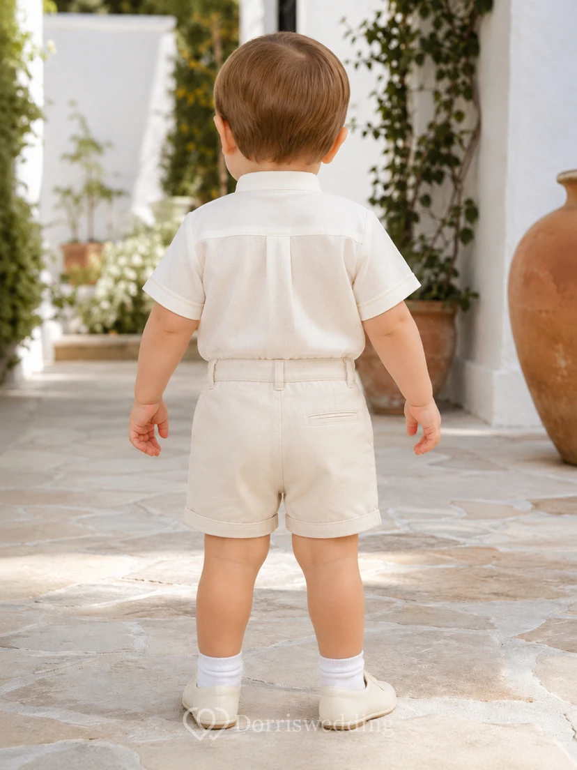 Ensemble short de baptême bébé garçon ivoire à manches courtes et nœud papillon view 2