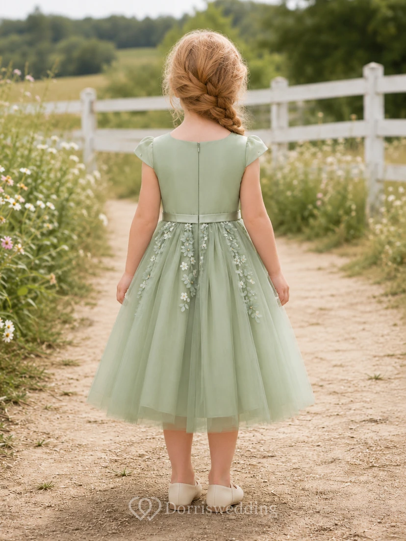 Robe de demoiselle d'honneur Sage, coupe trapèze, en tulle, col bijou, manches courtes, à imprimé floral, longueur thé view 2