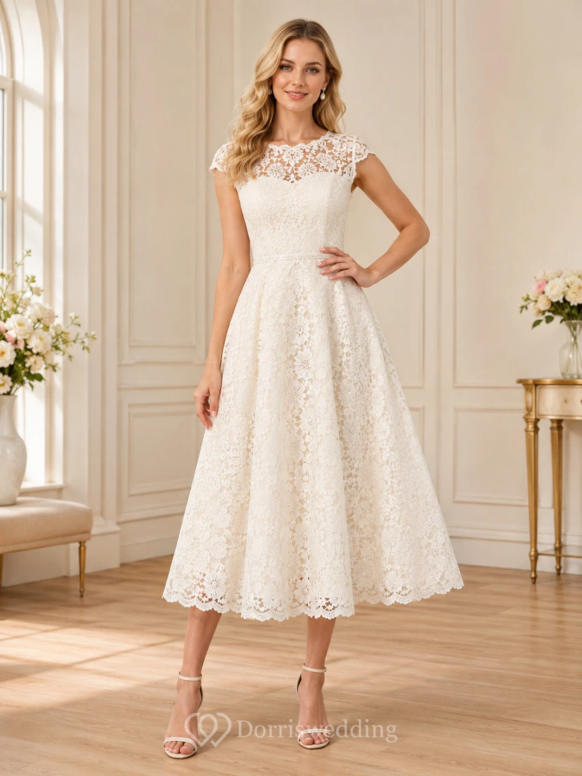 Vestido de cóctel formal romántico color marfil con escote barco, mangas cortas, encaje ilusión, corte en A y largo hasta la rodilla.