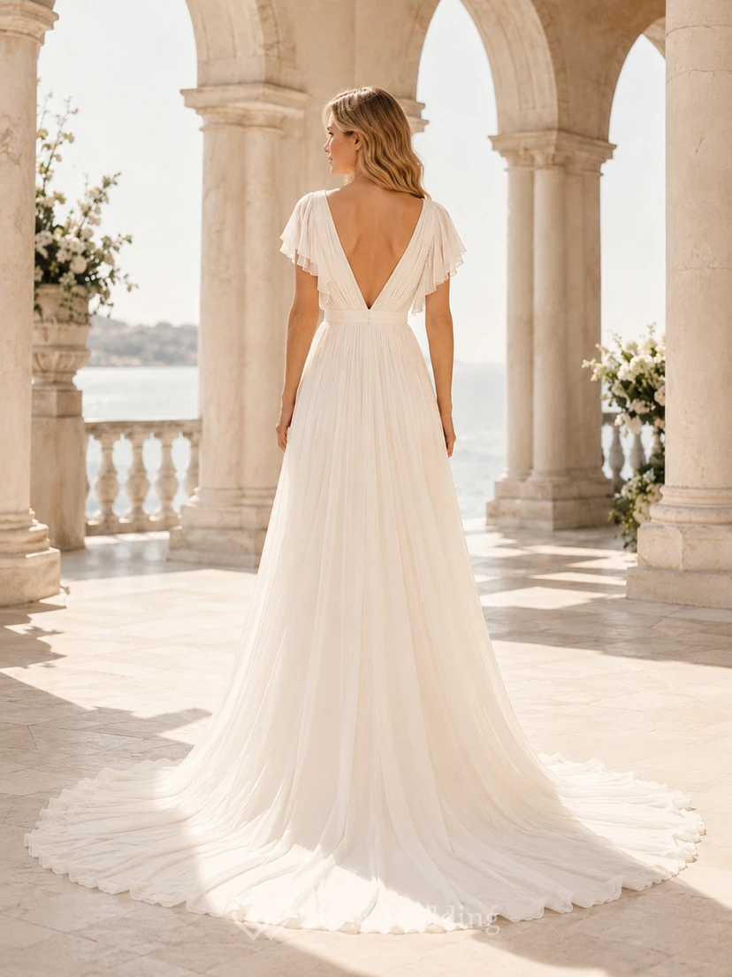 Robe de mariée en mousseline drapée à col en V, manches courtes, coupe trapèze, traîne simple, en mousseline drapée. view 2