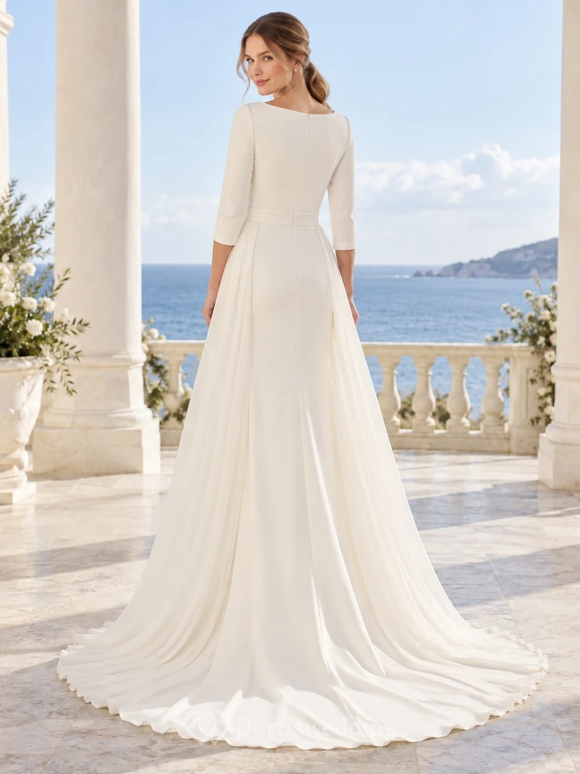Simple Modest Bateau Three-quarter Sleeve Smooth A-line Train Wedding Dress view 2