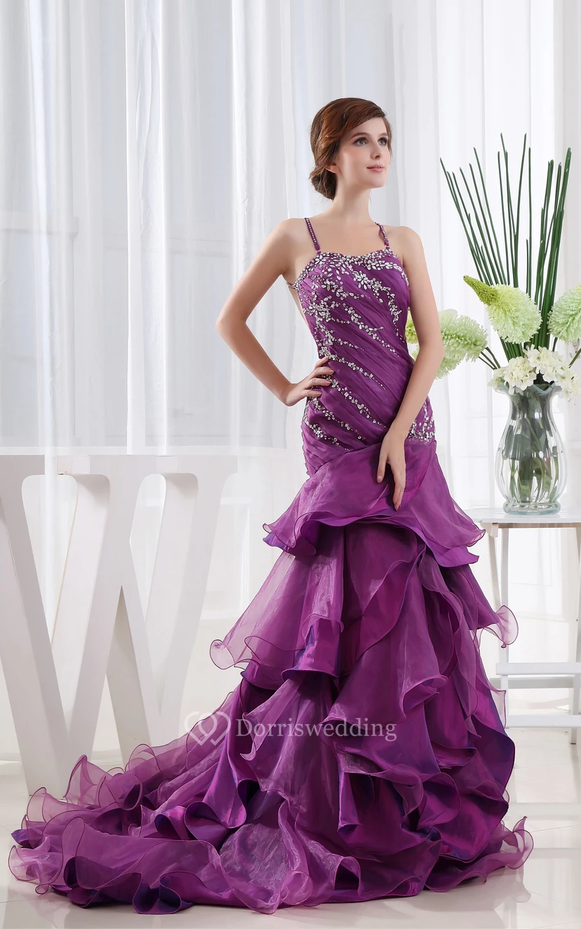 Strapped Sleeveless Ruffled Dress With Beading and Brush Train view 3