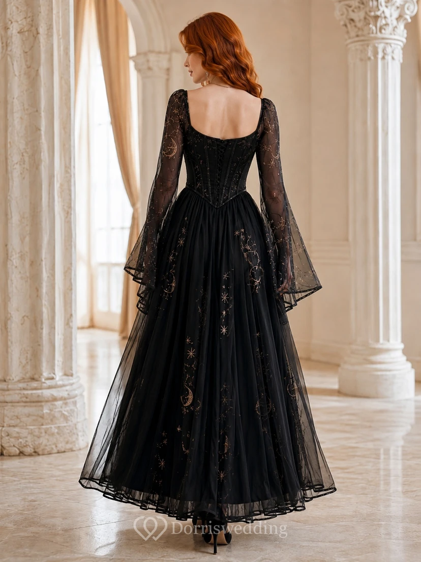 Black Square-Neck Long-Sleeve Lace Tulle A-Line Floor-length Bell-Sleeve Beaded Formal Gown view 2