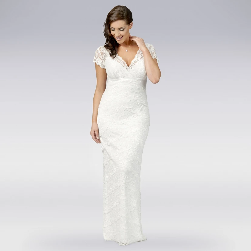 Sheath V-Neck Cap-Sleeve Lace Wedding Dress view 4