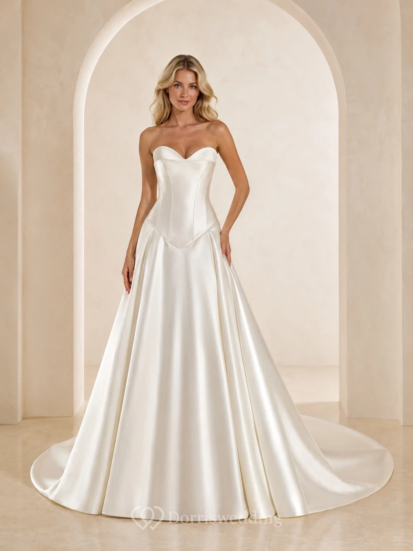 Vestido de novia sencillo de satén sin tirantes, con talle bajo y corte en A.