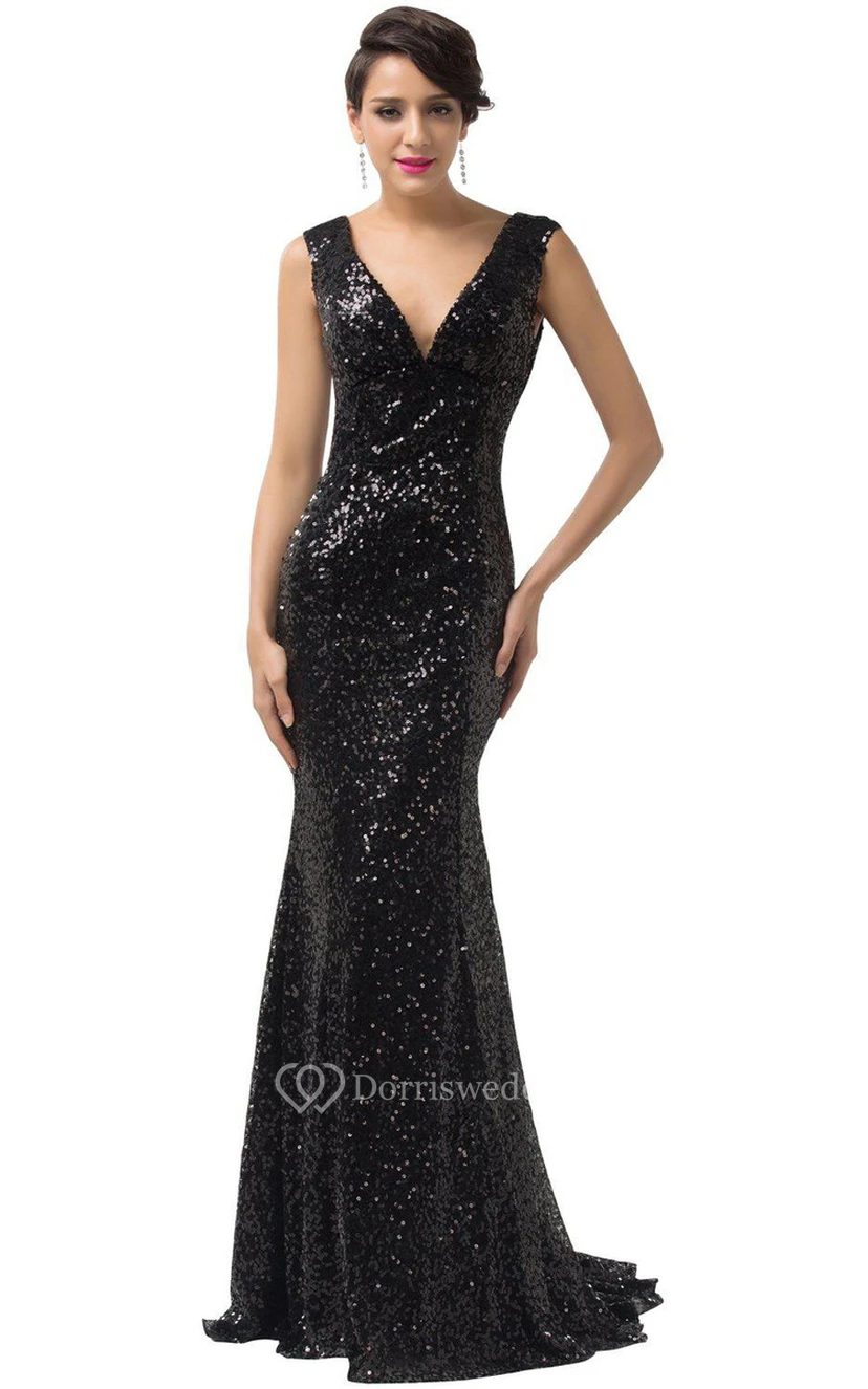 Ärmelloses Meerjungfrauenkleid mit V-Ausschnitt und Paillettenbesatz view 3