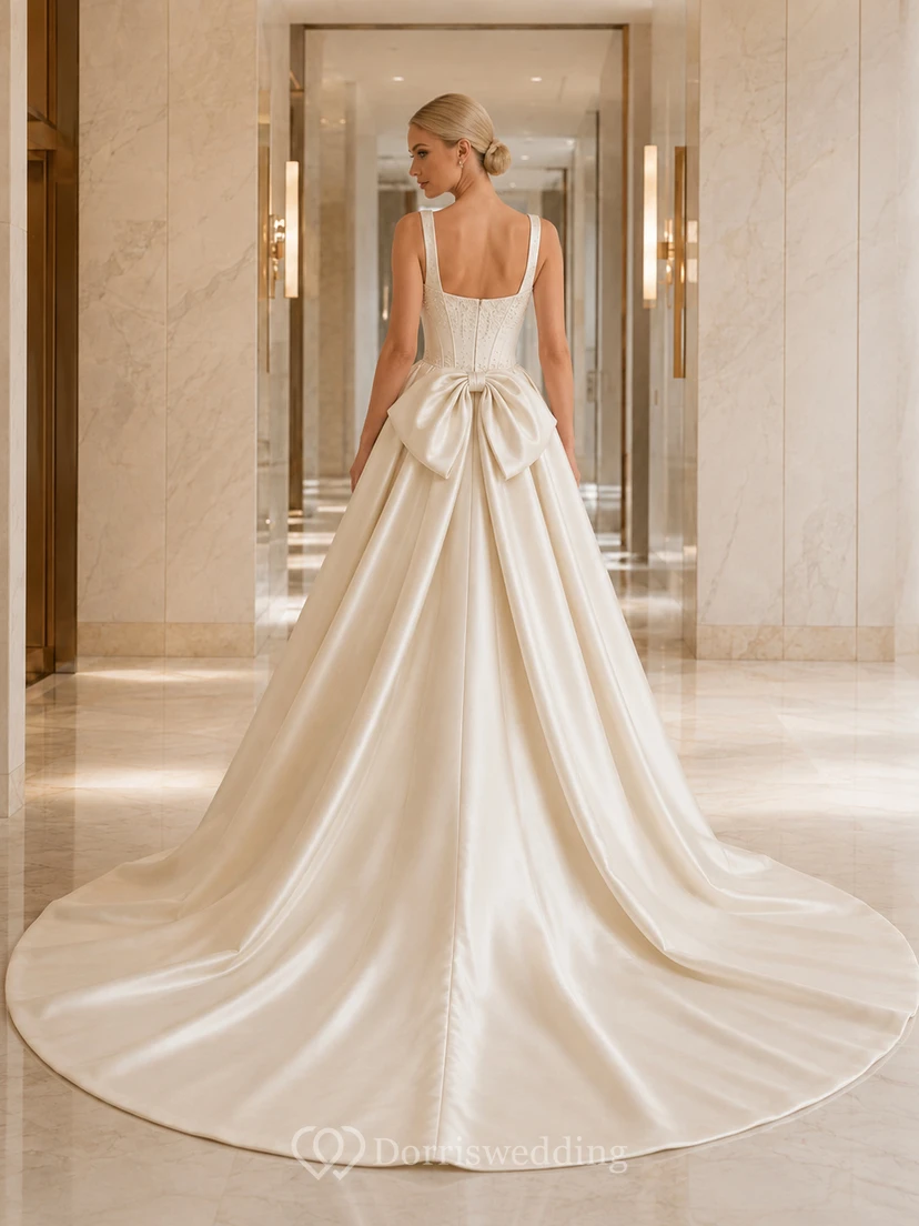 Robe de mariée moderne en satin, coupe trapèze, col carré, nœud papillon, surjupe amovible et traîne chapelle view 2