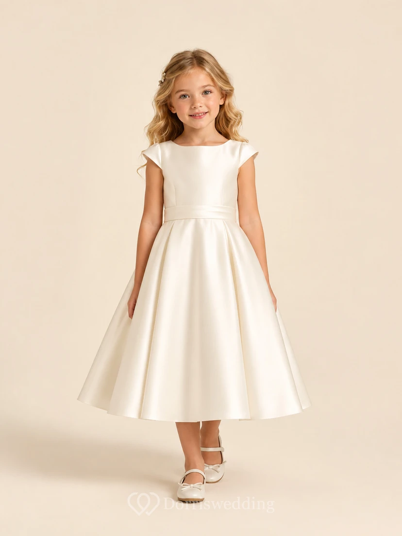 Flower Girl Dress Ivory Satin A-Line Jewel Neck Tea Length Bow Detail