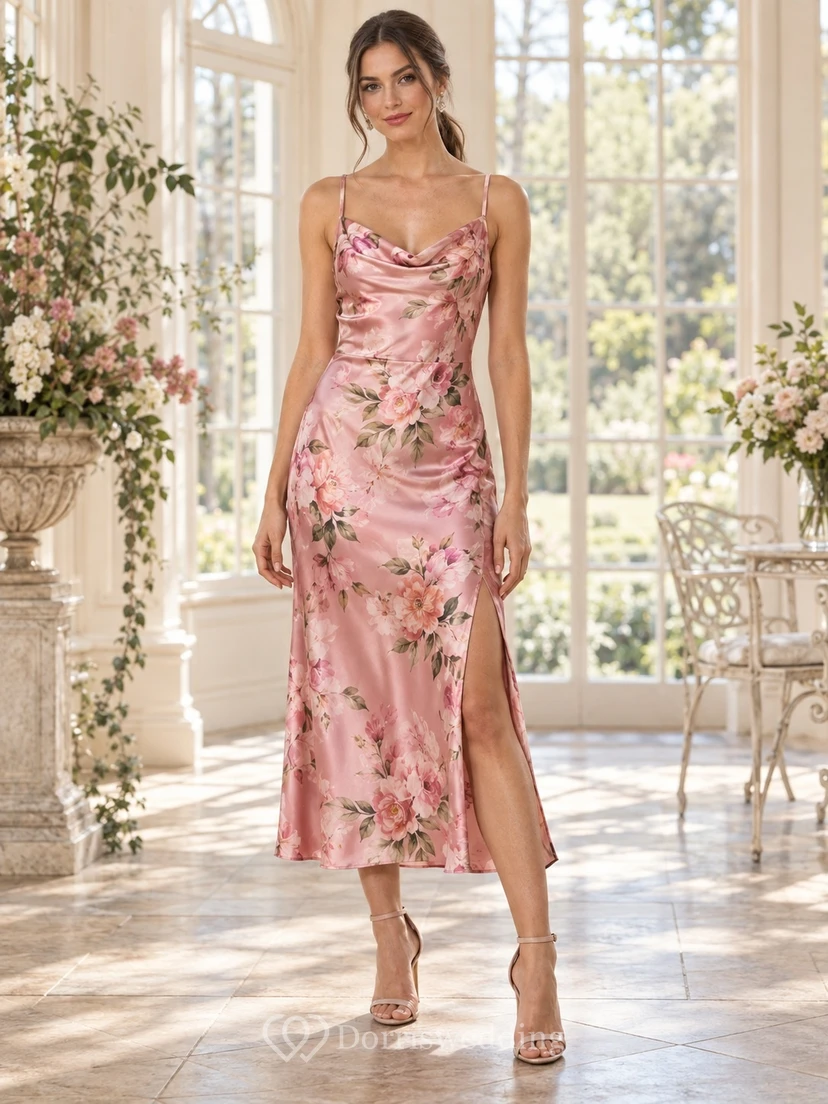 Vestido de noche de satén color rosa rubor con estampado floral, cuello drapeado y tirantes finos, largo hasta la rodilla.