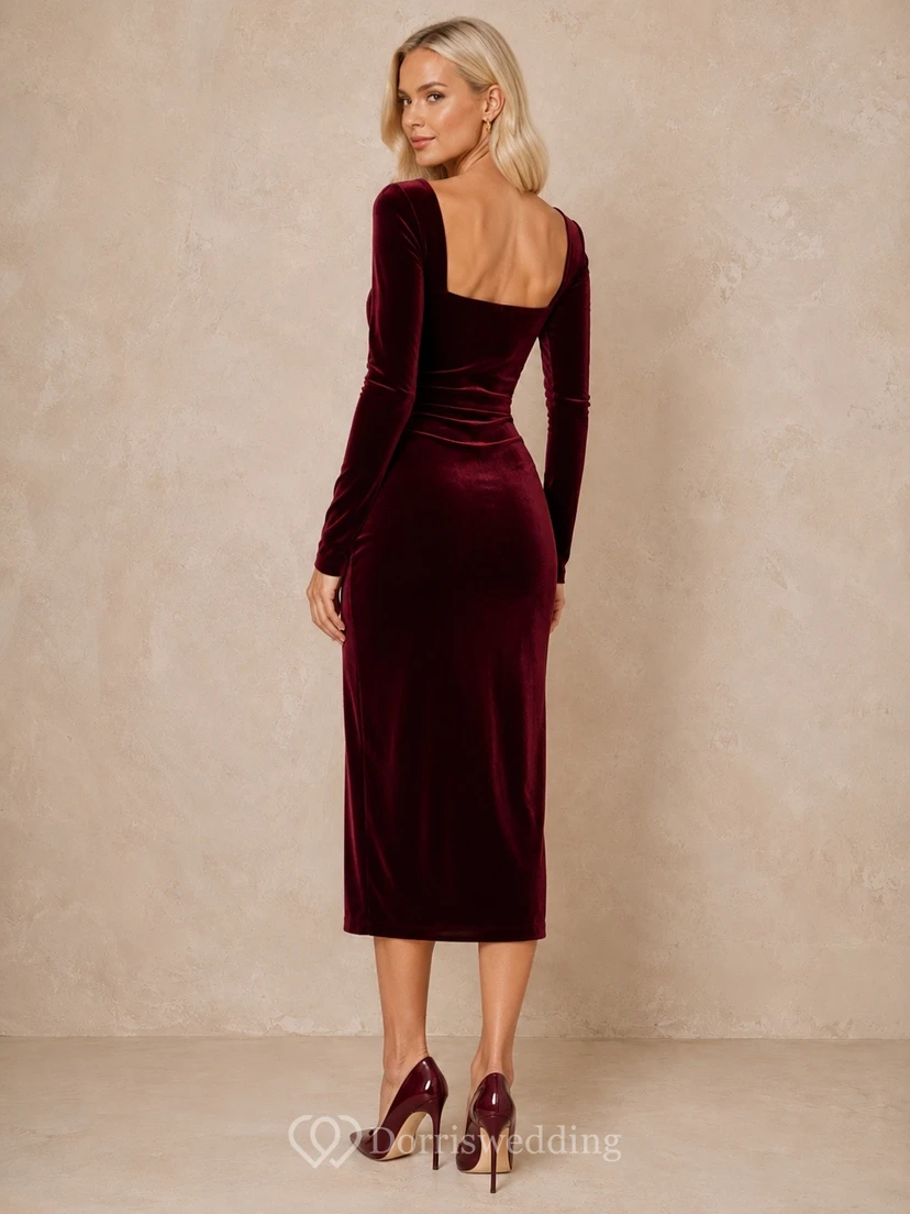 Robe de soirée bordeaux en velours à manches longues et décolleté cœur, longueur thé view 2