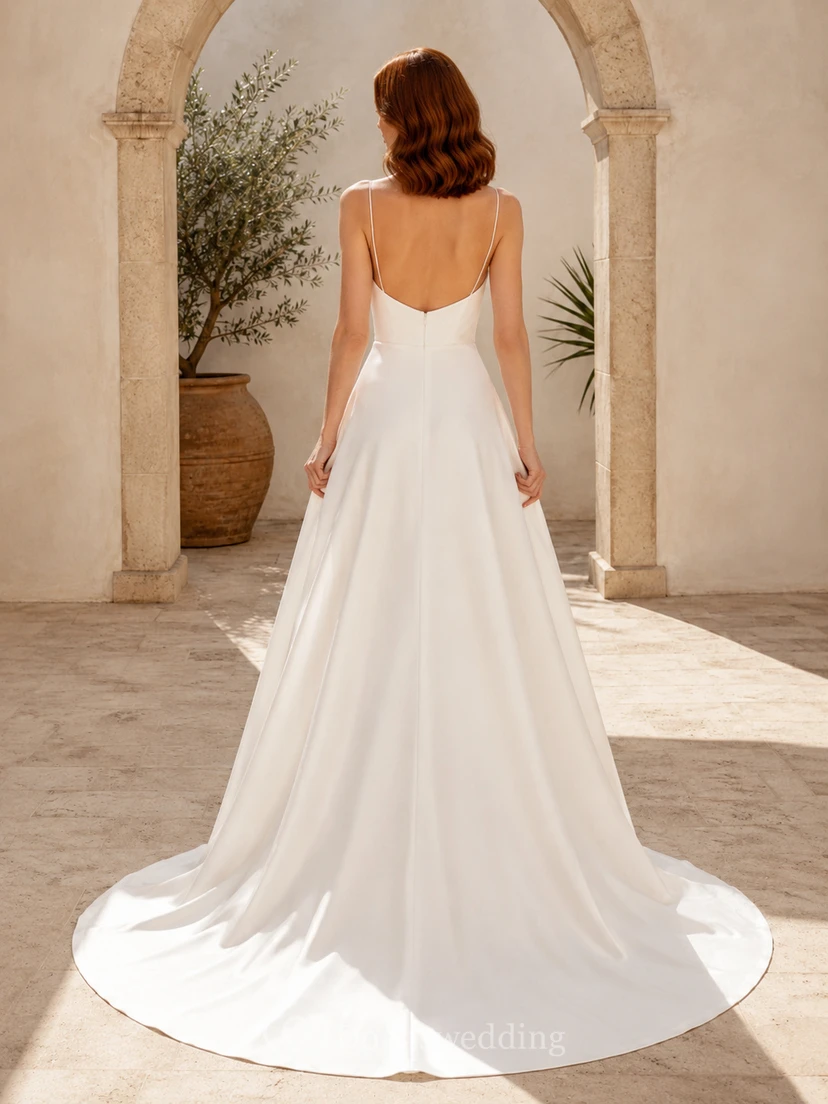 Minimalist Satin Wedding Dress A-Line V-Neck Sleeveless Sweep Train Bridal Gown view 2
