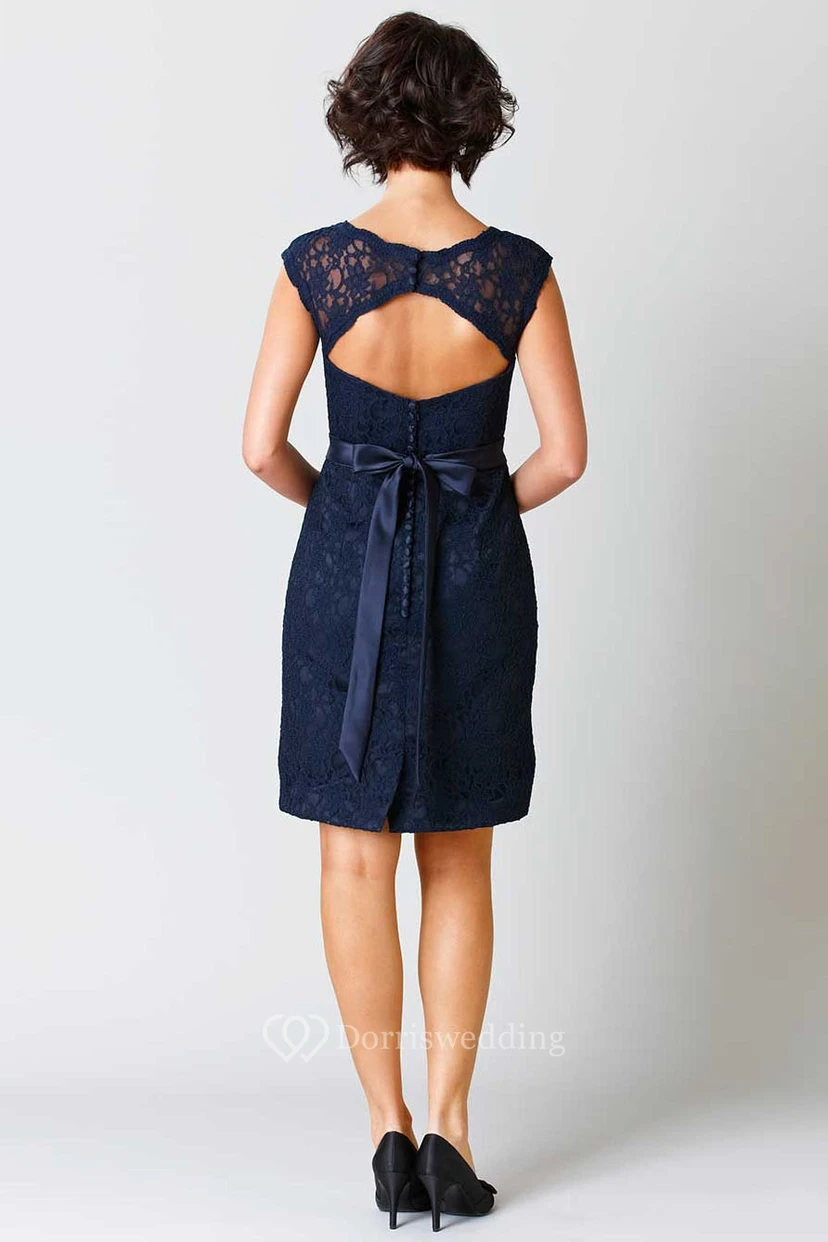 Pencil Sleeveless Short Scoop-Neck Lace Bridesmaid Dress With Ribbon And Keyhole view 2