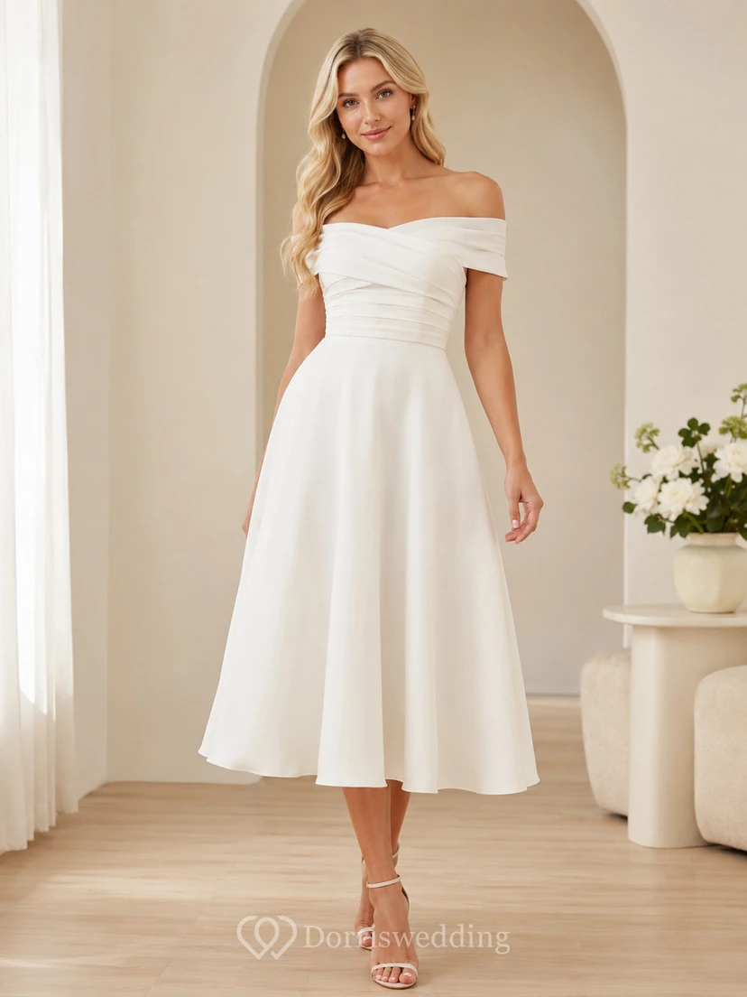 Outdoor Ivory A-Line Tea-length Off-the-shoulder Short Sleeve Chiffon Vintage Romantic Cocktail Guest Garden Dress