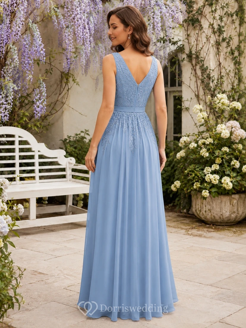 Sky Blue V Neck Sleeveless Chiffon Pleated A-Line Floor Length Garden Dress view 2