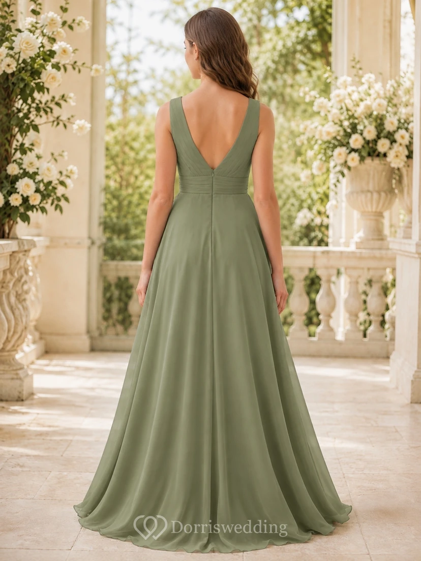 Vestido de dama de honor juvenil verde albahaca, corte en A, escote en V, sin mangas, elegante y formal. view 2