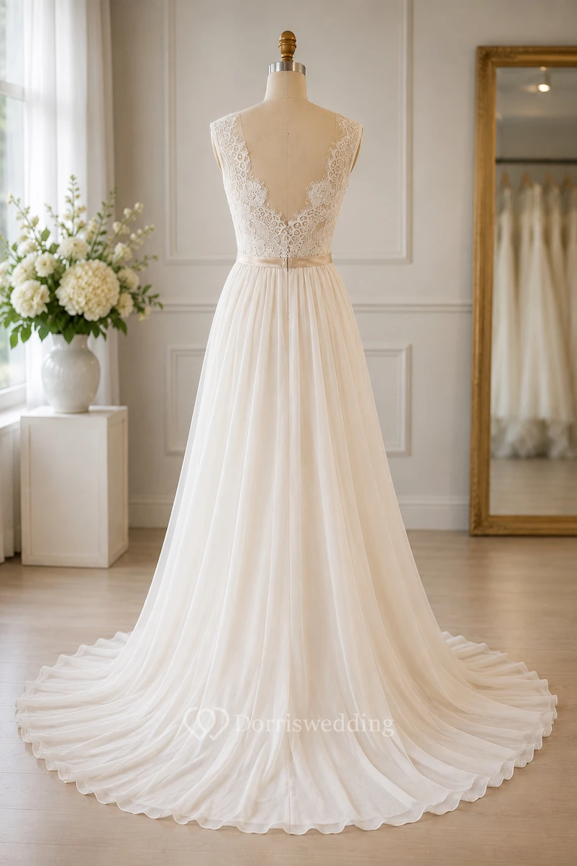 Robe de mariée en mousseline sans manches à col en V avec corsage et traîne. view 8