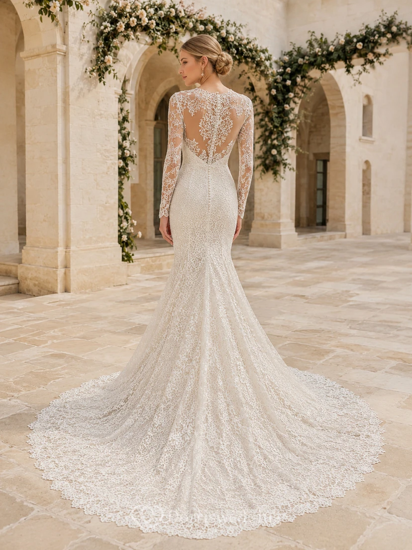Robe de mariée sirène en dentelle illusion à col montant et manches longues, avec traîne chapelle et col chapelle modeste view 2