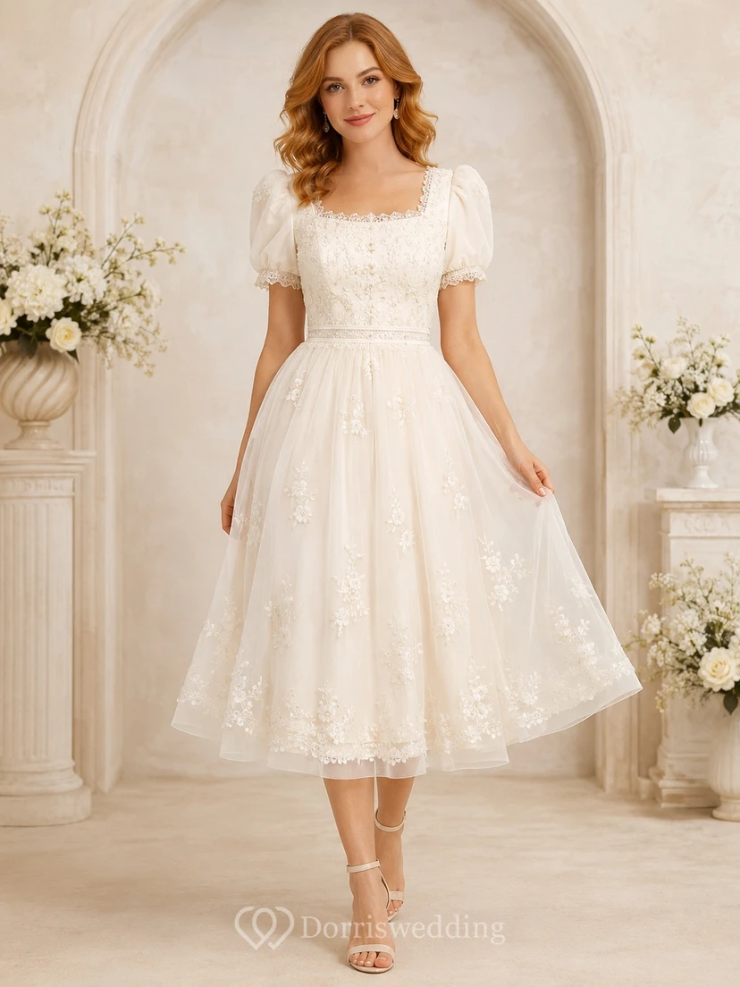 Romantisches, eckiges Spitzenkleid mit Puffärmeln, A-Linie und Teelänge für standesamtliche Trauungen