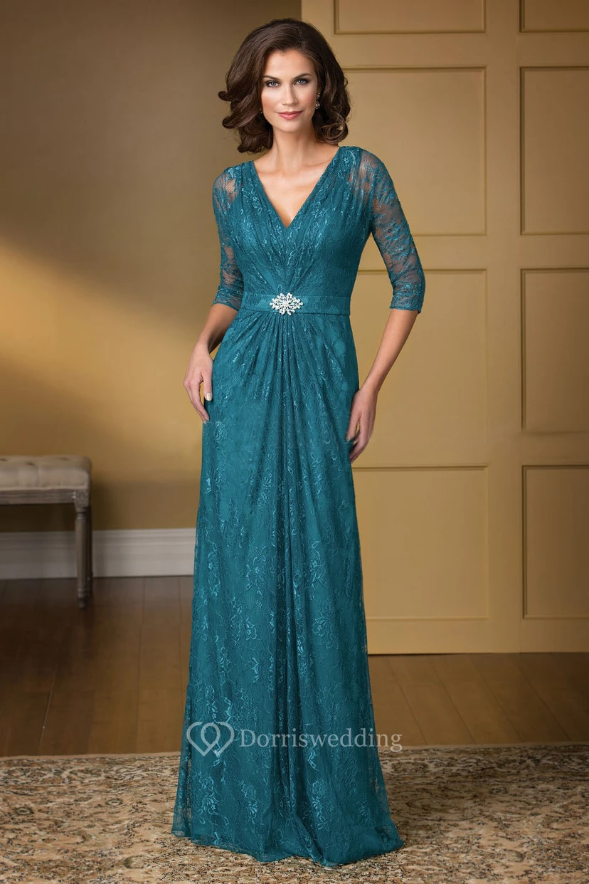 3-4 Sleeved V-Neck Lace Gown With Beadings And Illusion Back