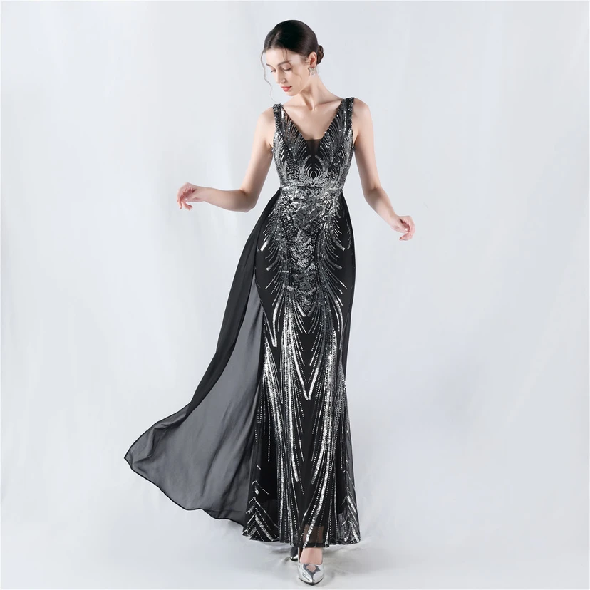 Paillettenbesetzte Blumen auf der Rückseite, Perlenstickerei mit Cape, Abendkleid für die Jahreshauptversammlung view 30