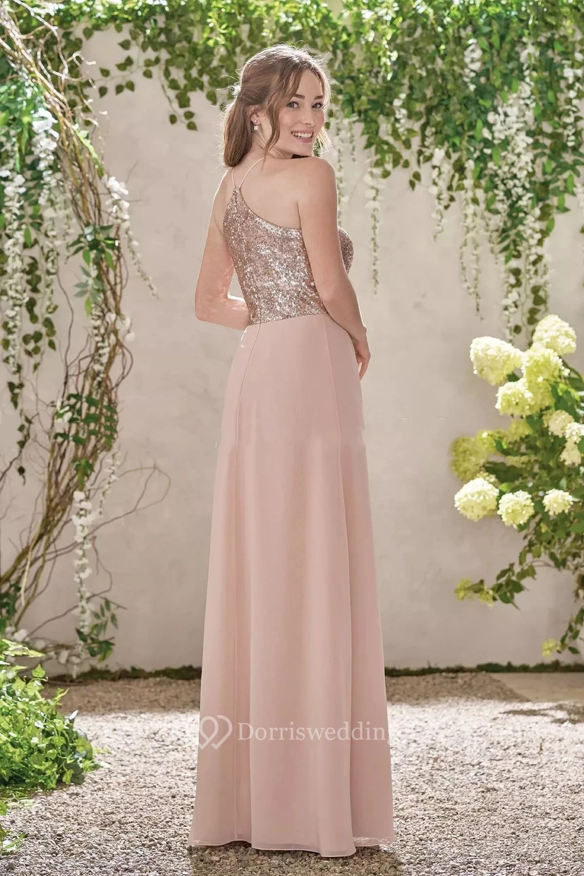 Neckholder-Brautjungfernkleid aus Chiffon mit Pailletten, A-Linie, bodenlang, ärmellos, mit V-Ausschnitt und Reißverschluss am Rücken view 2