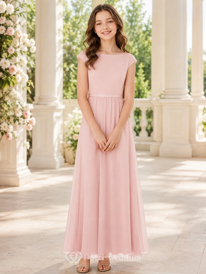 Elegantes, zartrosa Brautjungfernkleid in A-Linie mit Schmucksteinen und kurzen Ärmeln