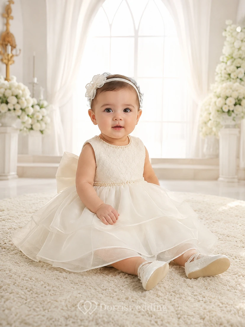 Pearl Baptism Dress A-Line Tulle Lace Jewel Neck Sleeveless Bow Back