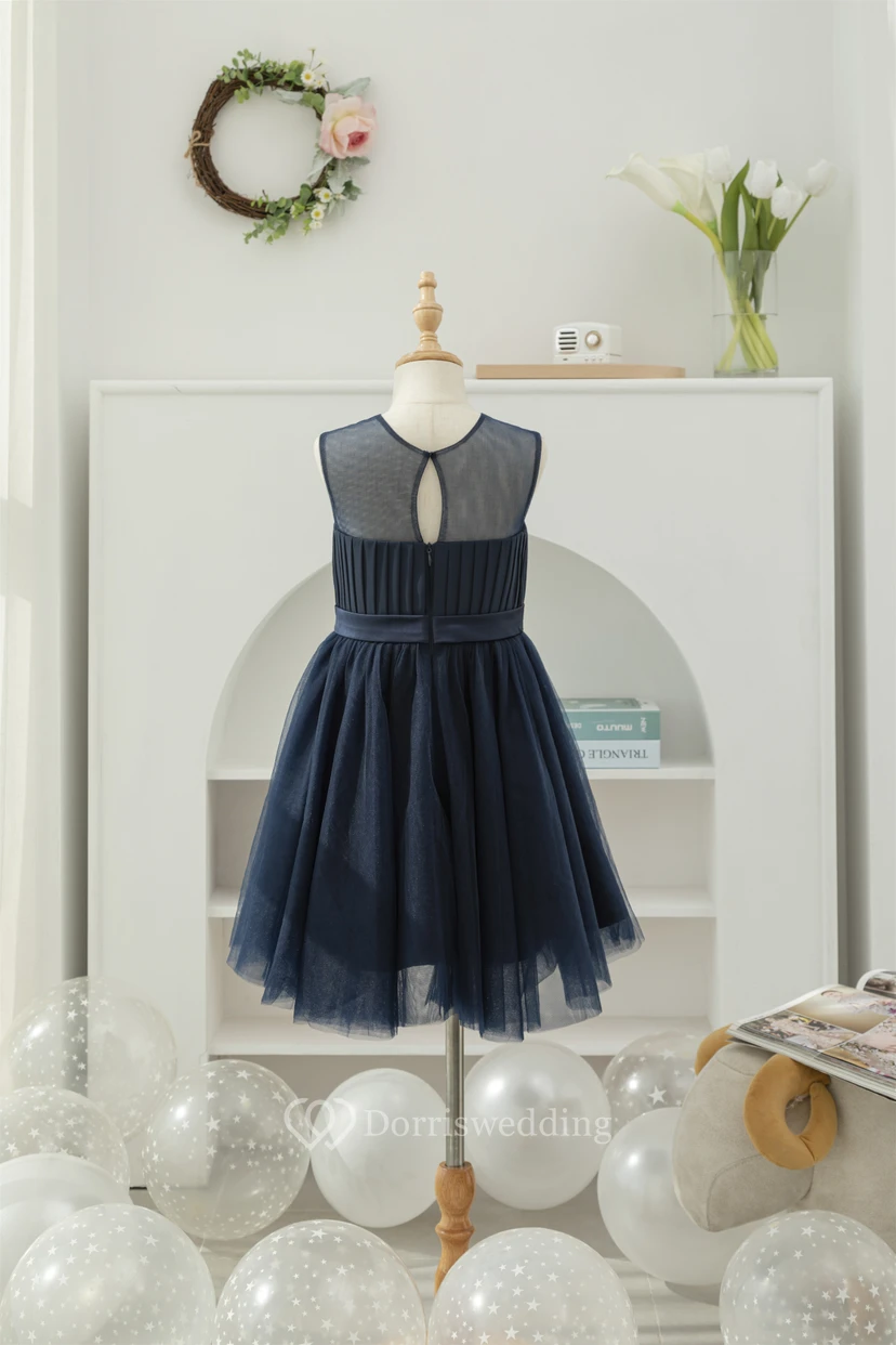 Dark Navy Chiffon Pleated Sleeveless Casual Flowergirl Dress view 2