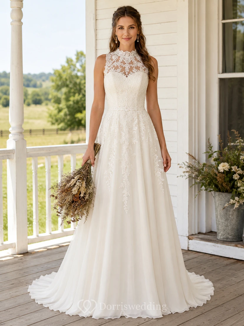 Modest High Neck Sleeveless Lace Tulle A-Line Illusion Back Country Gown