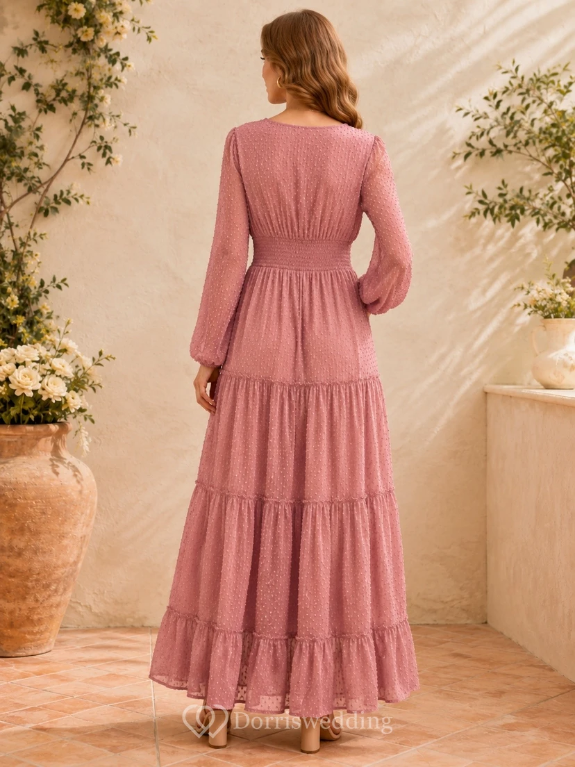 Dusty Rose Chiffon V-neck Long Sleeve Tiered A-Line Maxi Dress view 2