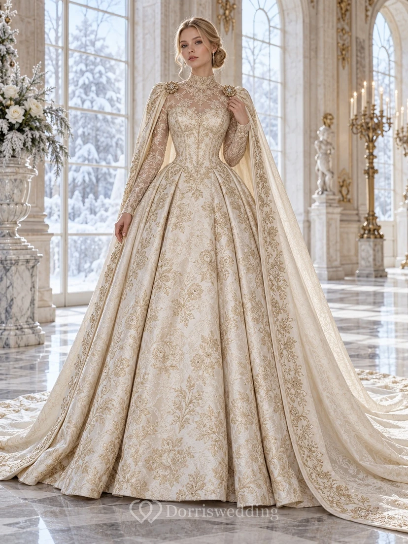 Vestido de novia vintage de cuello alto, manga larga, estampado floral dorado y capa.