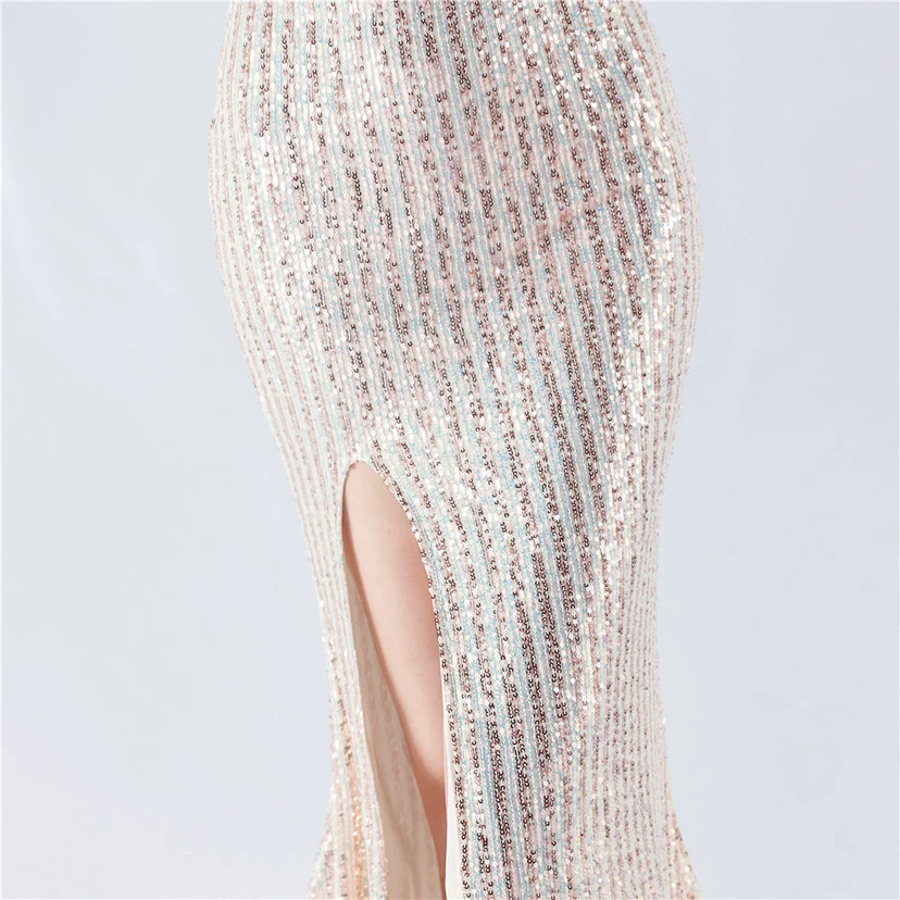Heavy Beaded One-Shoulder Oblique Collar High Fork Sequin Dinner Dress view 27