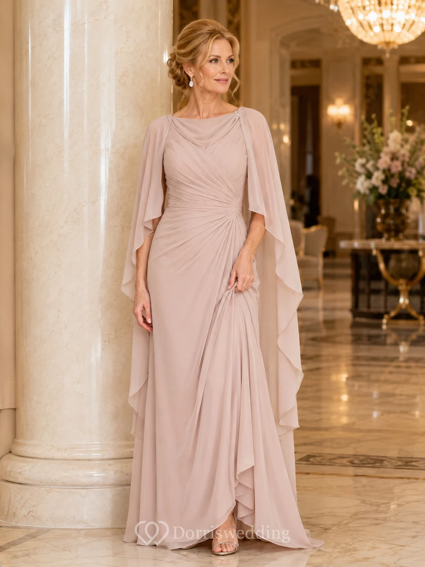 Blush Elegant Bateau Chiffon Sheath Floor-Length Mother of the Bride Gown with Layered Long Cape and Side Draping
