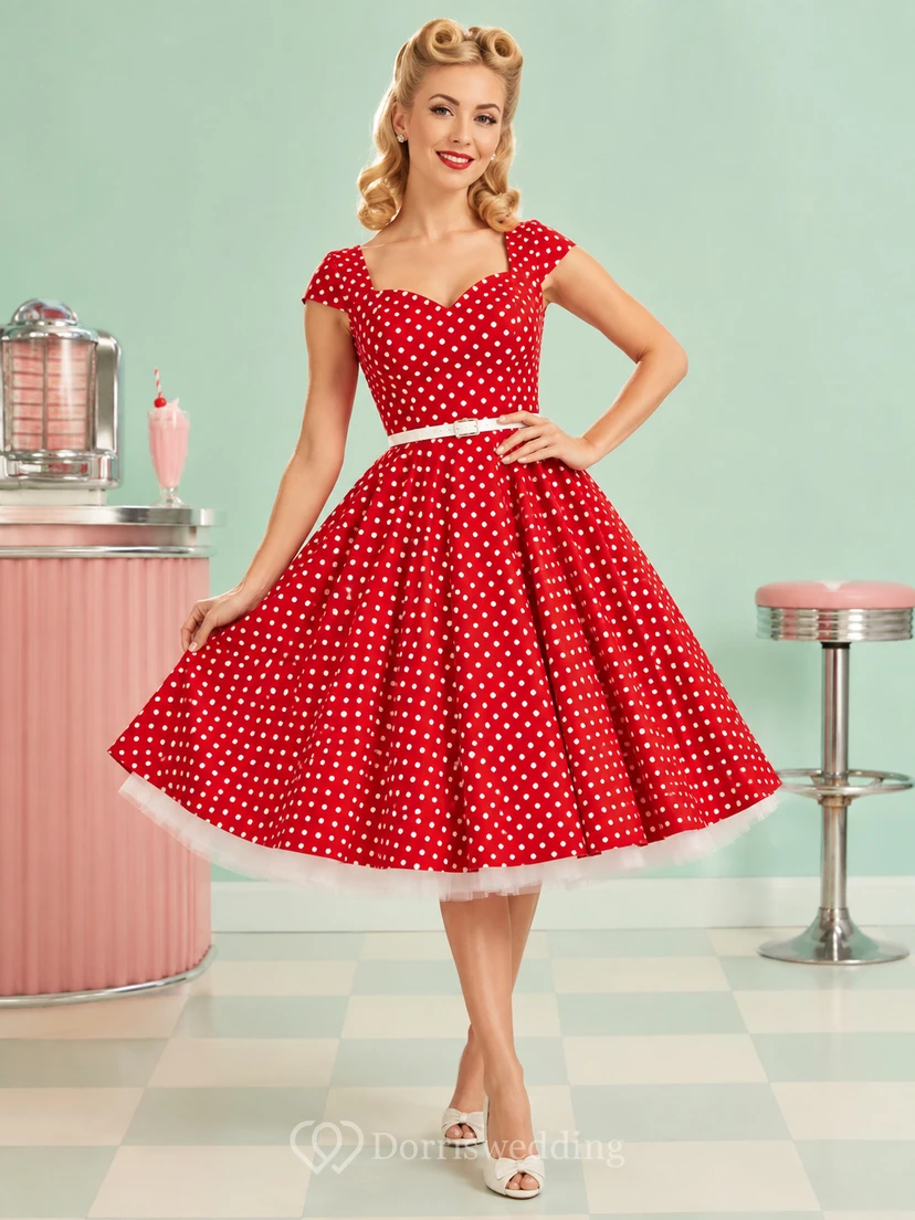 Rotes, gepunktetes, herzförmiges A-Linien-Cocktailkleid aus Satin im Vintage-Stil mit kurzen Ärmeln.