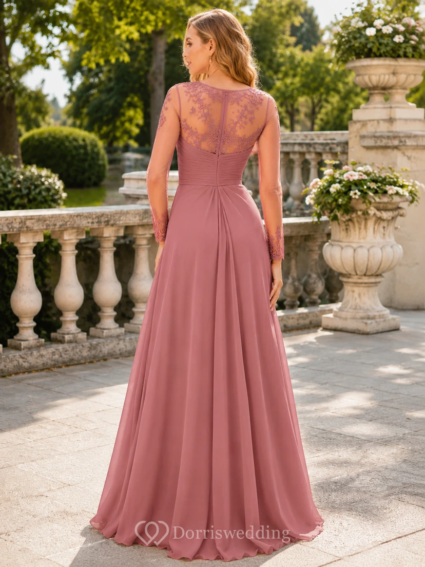 Vestido formal de corte A de gasa color rosa empolvado con mangas ilusión view 2