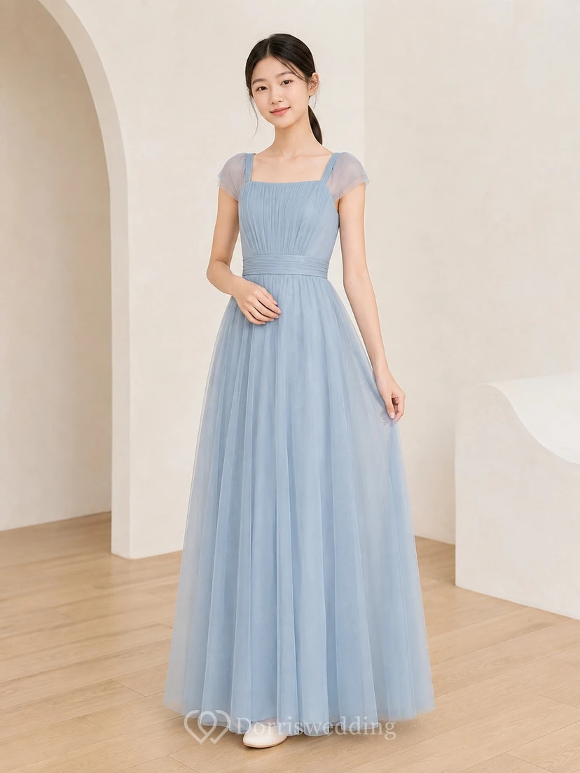 Vestido de dama de honor juvenil azul cielo, corte en A, manga corta cuadrada, malla elegante