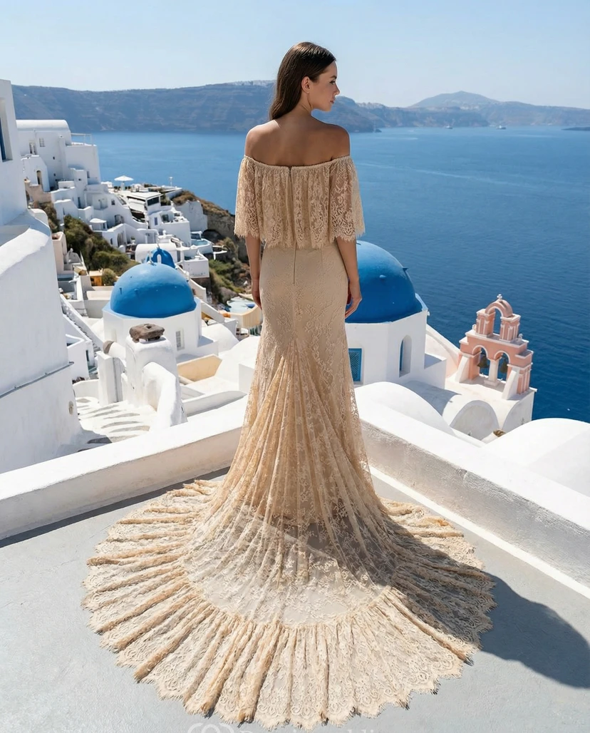 Off-Shoulder Scalloped Lace Sheath Gown with Train view 2