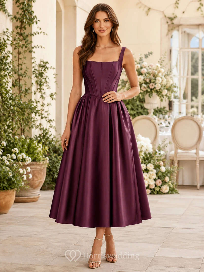 Vestido de fiesta de satén con escote cuadrado y corte en A, color ciruela.