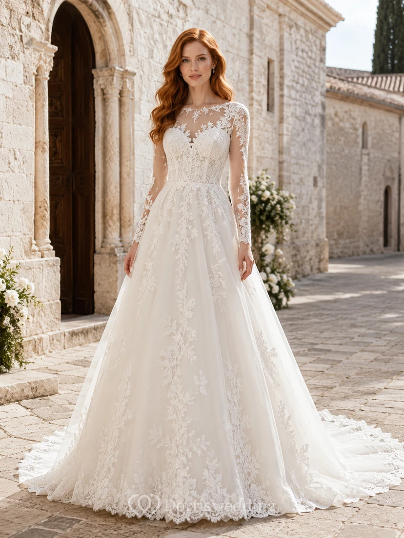 Klassisches langärmeliges Brautkleid aus Spitze in A-Linie mit Kapellenschleppe