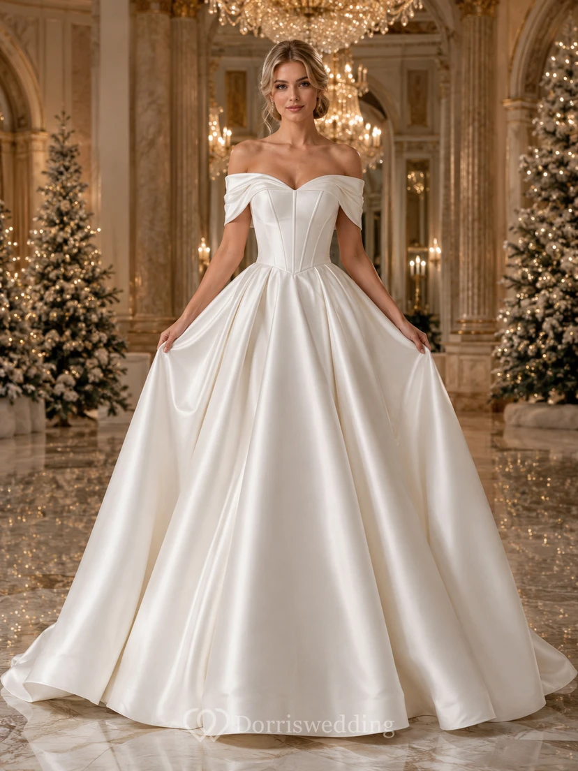 Winter Off Shoulder Satin Ball Gown Wedding Dress