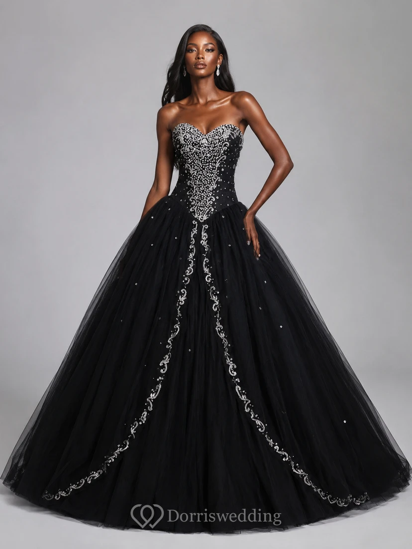 Ball Gown Long Sweetheart Sleeveless Bell Beading Appliques Lace-Up Back Tulle Lace Dress view 4