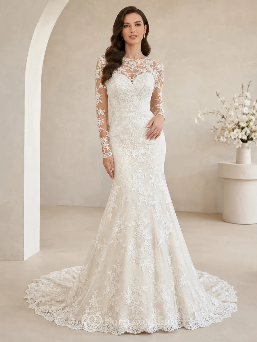 Robe de mariée romantique en dentelle, style sirène, longue illusion, ornée d'appliques florales et élégantes, dos boutonné.