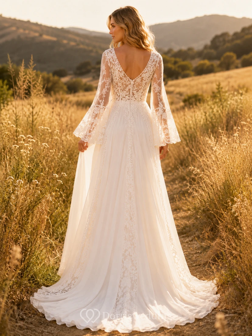 Brautkleid im A-Linien-Stil mit Glockenärmeln aus böhmischer Spitze und goldenem Wiesenmuster view 2